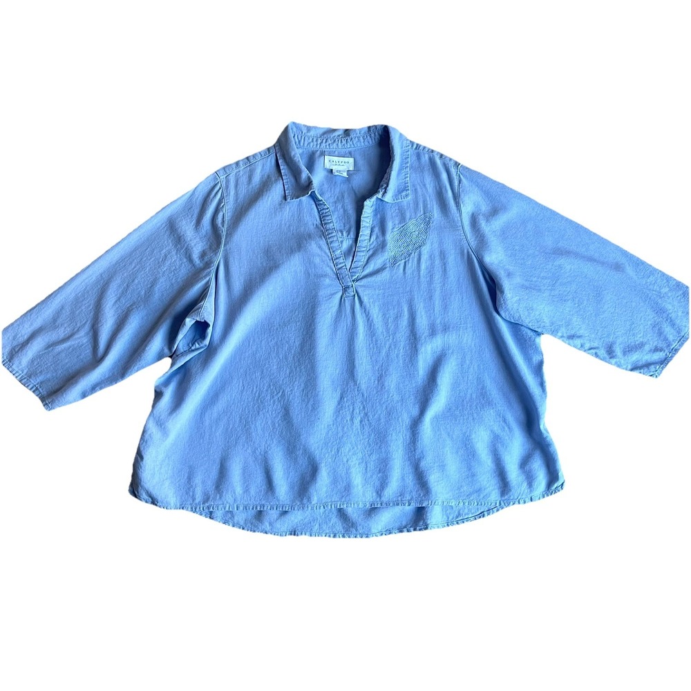 Calypso St Barth Shirt Womens 2X Blue Linen Embroidered Shell Coastal‎ Beach Top